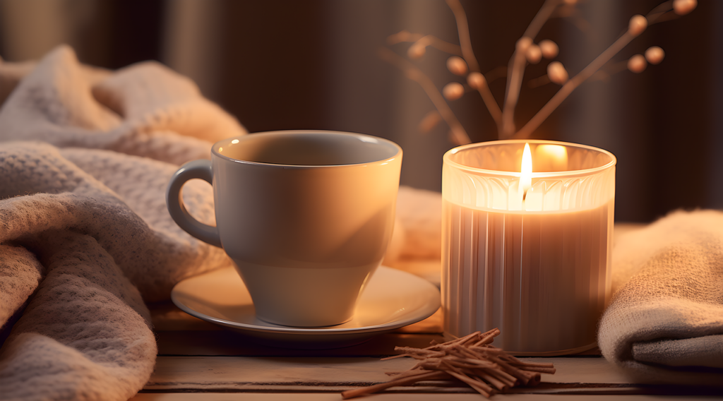 Image of blanket, teacup with saucer, lit candle, and botanicals with a calm, relaxing vibe.