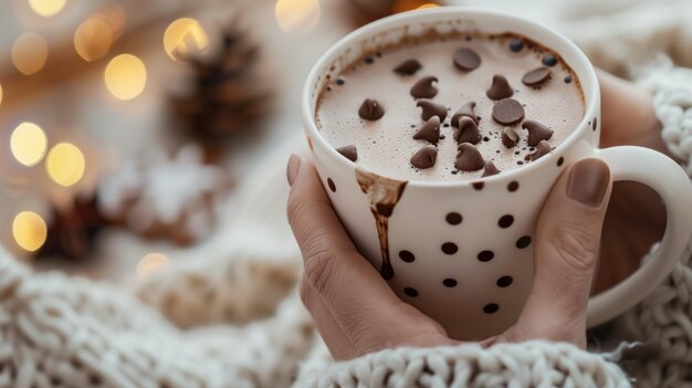 Hands holding a mug of hot chocolate with melted chocolate chips, with fuzzy background of thick ivory sweater and faerie lights.
